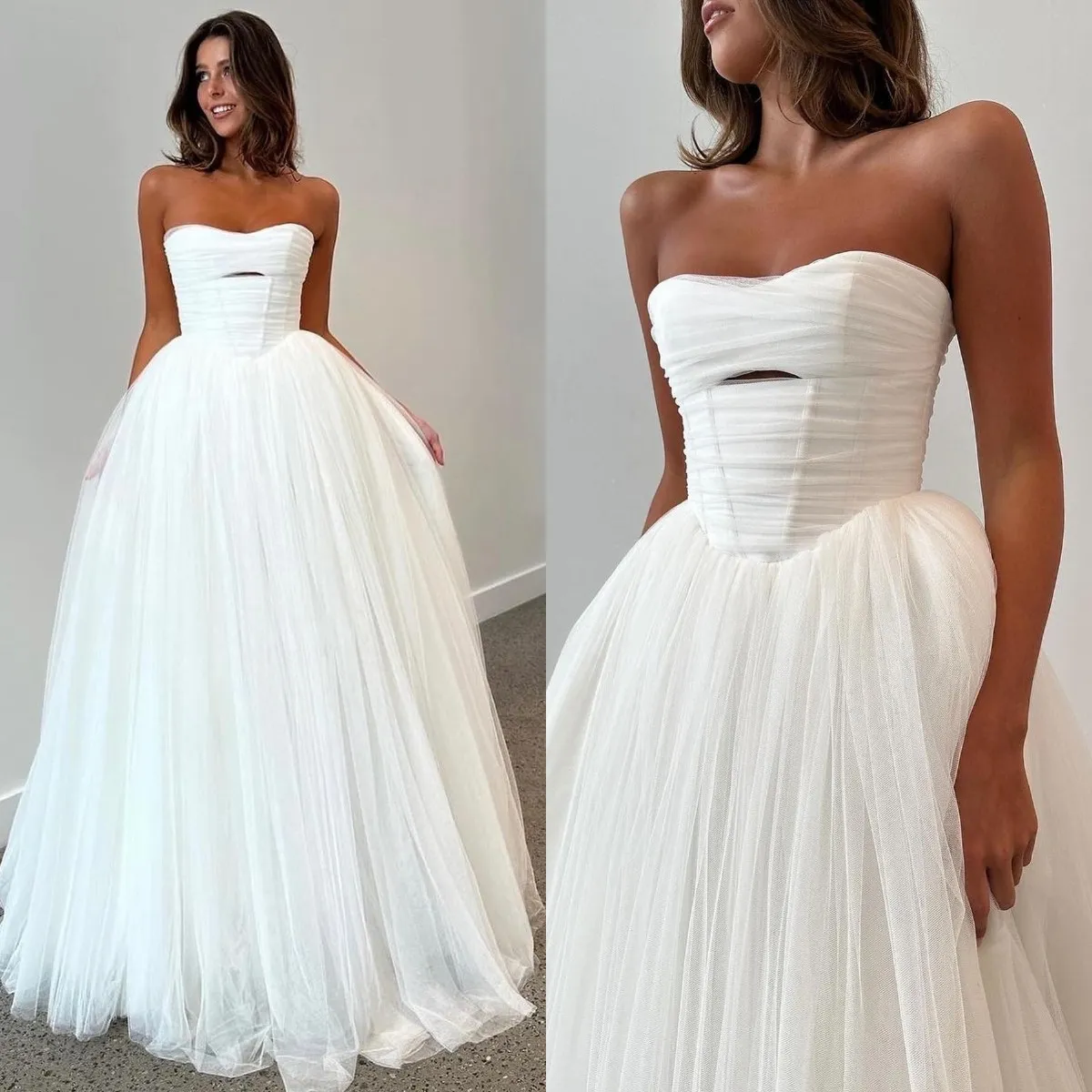 Elegant Boho Tulle Wedding Dress with Strapless Bodice fg6393
