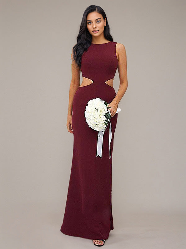 Cabernet Sheath/Column Stretch Crepe Scoop Sleeveless Floor-Length Bridesmaid Dresses - FashionDia