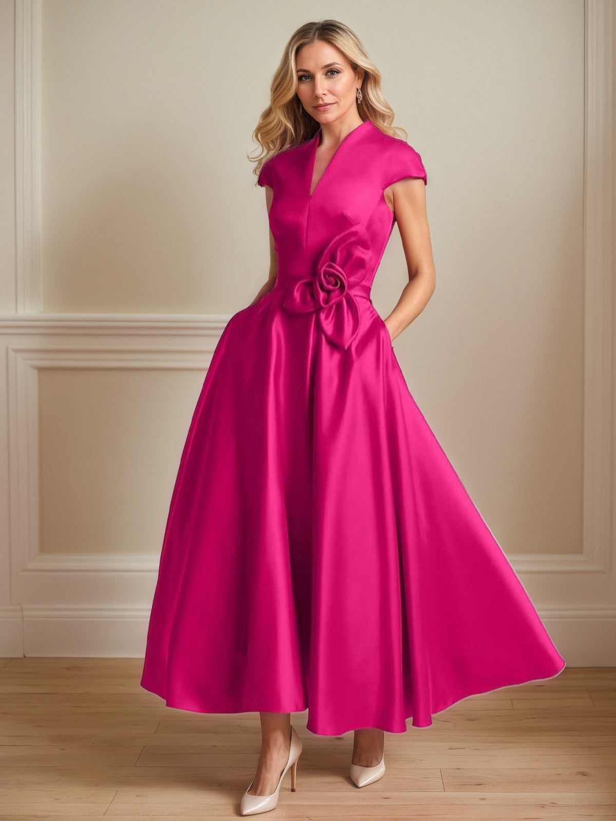Hot Pink Satin A-Line V-Neck Short Sleeves Ankle Length Mother of the Bride Dresses - FashionDia
