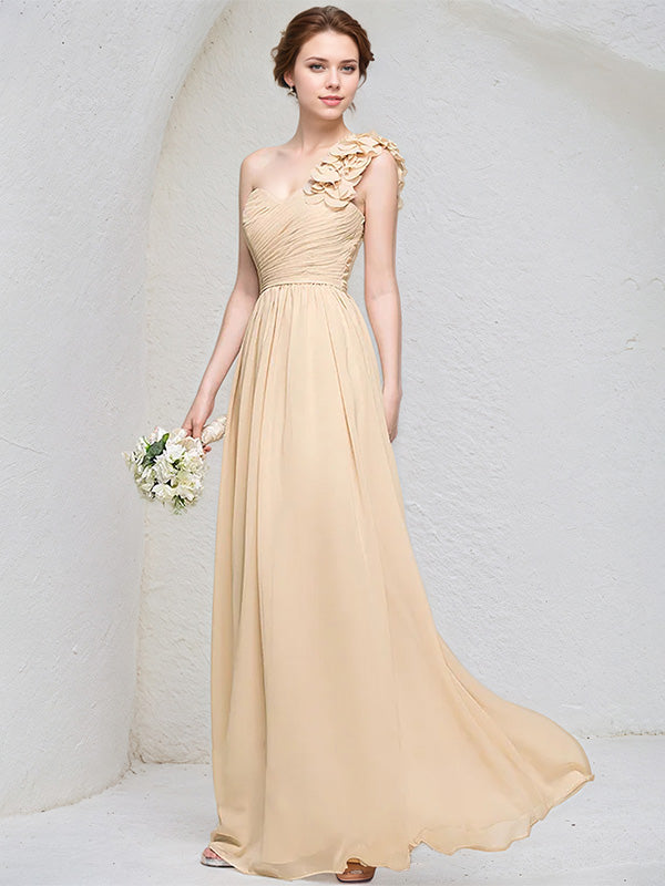 Champagne Chiffon A Line One Shoulder Sleeveless Floor Length Bridesmaid Dress With 3D Floral Ruffle