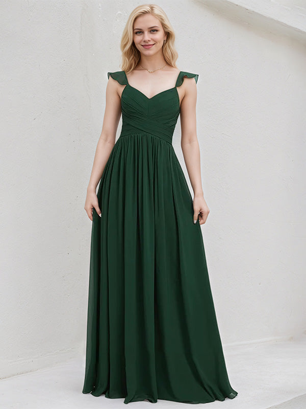 Green Chiffon A Line V Neck Floor Length Bridesmaid Dress With Ruffle