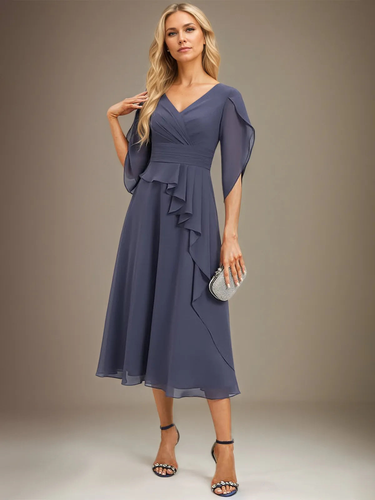 A-Line V-Neck Tea-Length Chiffon Mother Of Bride Dresses With Pleated - FashionDia
