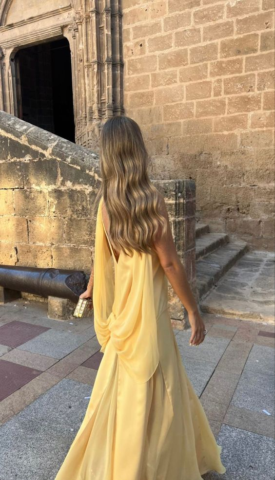 Yellow Satin Evening Dress for Formal Occasions, V-Neck A-Line Spaghetti Strap Floor-Length Elegant Prom Dress - View 4 | FashionDia