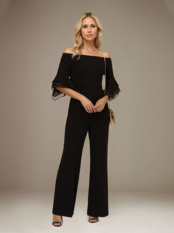Black Chiffon Off the Shoulder 1/2 Sleeves Separates Jumpsuit/Pantsuit Mother of the Bride Dress