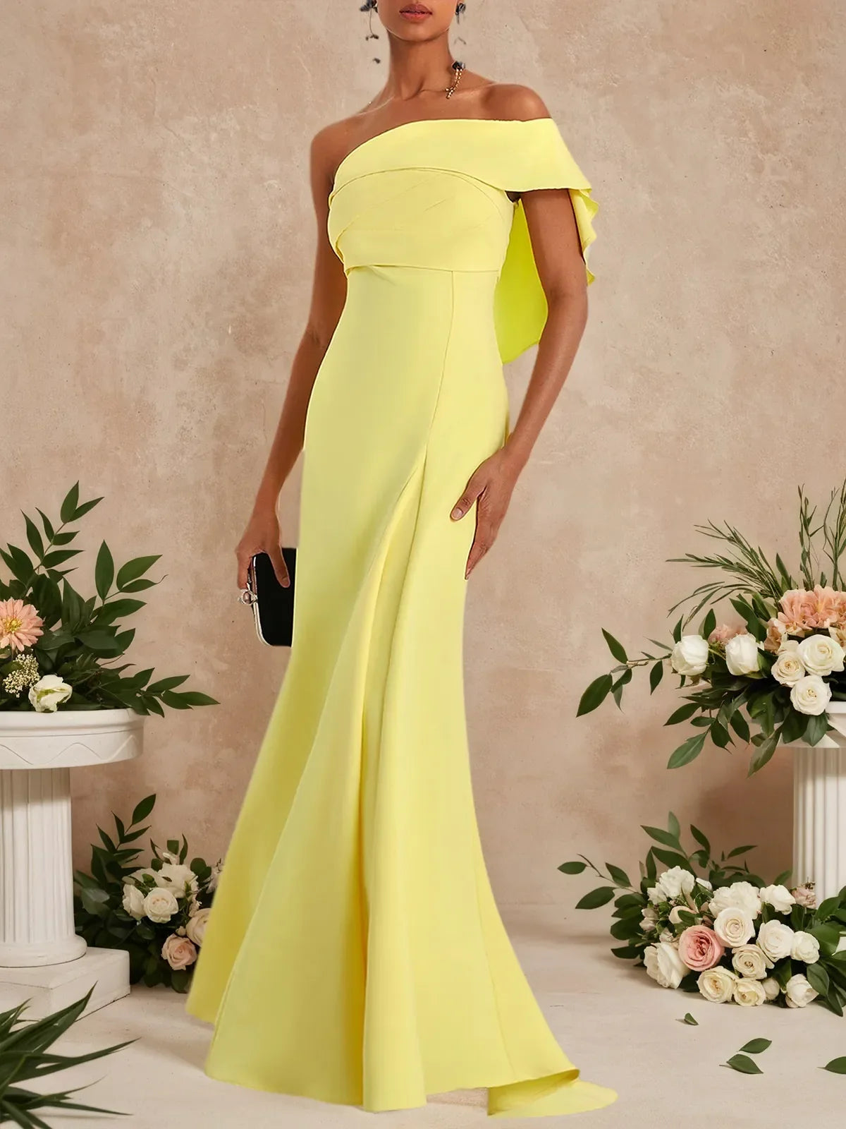 Yellow Ruched One-Shoulder A-Line Gown - FashionDia