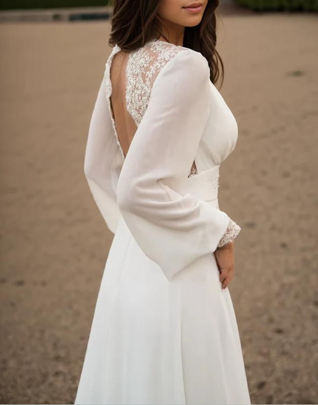 Ivory lace wedding dress, long-sleeve button back long train gown lace & chiffon Wedding Dresses fg6636