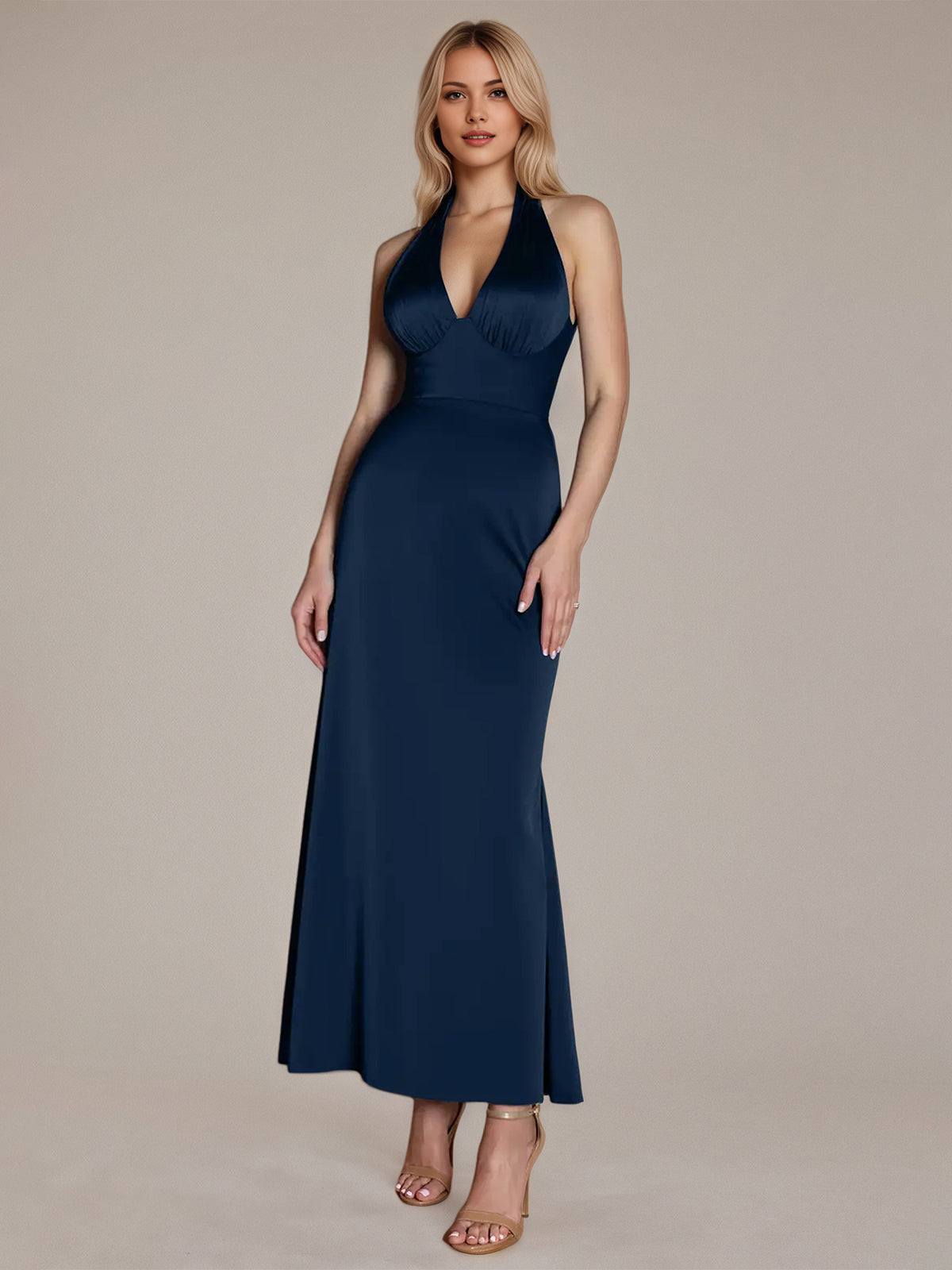 Navy Sheath/Column Satin Halter Neck Sleeveless Ankle Length Dress