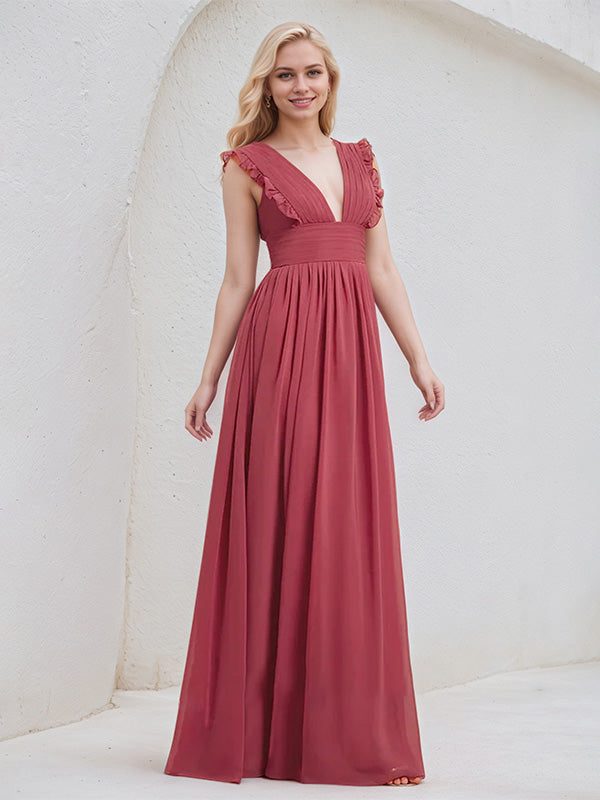 Cinnamon Rose Chiffon A Line V Neck Sleeveless Floor Length Bridesmaid Dress