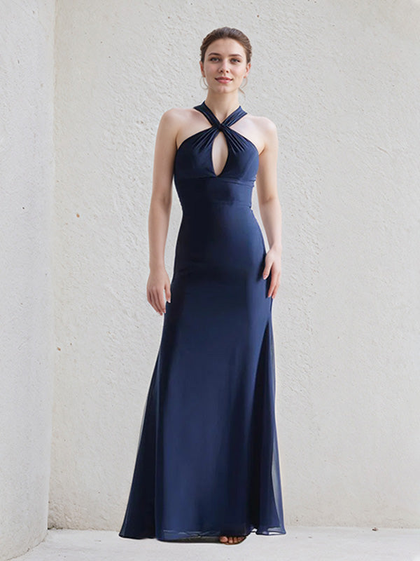 Navy Stretch Crepe A Line Twist Knot Neckline Sleeveless Floor Length Bridesmaid Dress