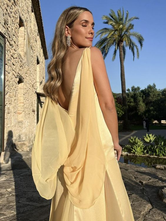 Yellow Satin Evening Dress for Formal Occasions, V-Neck A-Line Spaghetti Strap Floor-Length Elegant Prom Dress - View 5 | FashionDia