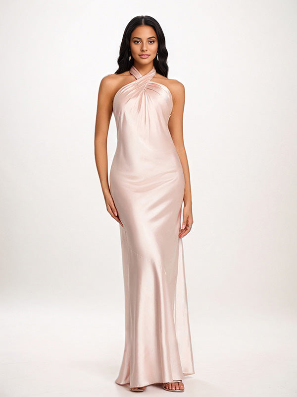 Pearl Pink Sheath/Column Halter Floor-Length Sleeveless Satin Bridesmaid Dress - FashionDia