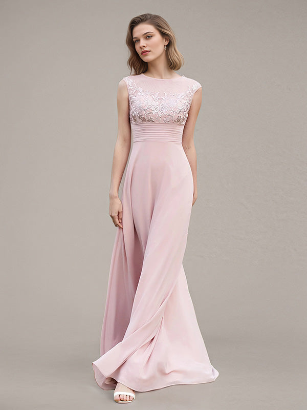 Petal A-Line Chiffon Scoop Neck Sleeveless Floor-Length Bridesmaid Dresses With Appliques - View 3 | FashionDia