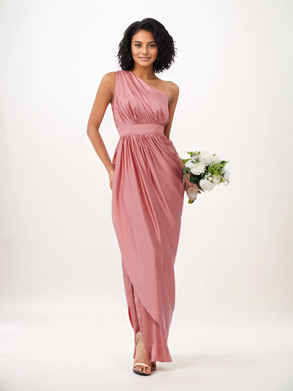 Dusty Rose Sheath/Column One Shoulder Floor-Length Satin Bridesmaid Dress