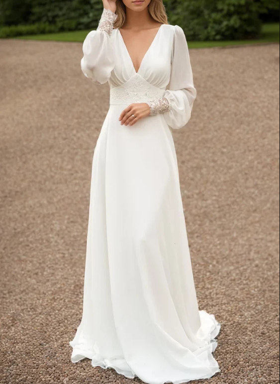 Ivory lace wedding dress, long-sleeve button back long train gown lace & chiffon Wedding Dresses fg6636