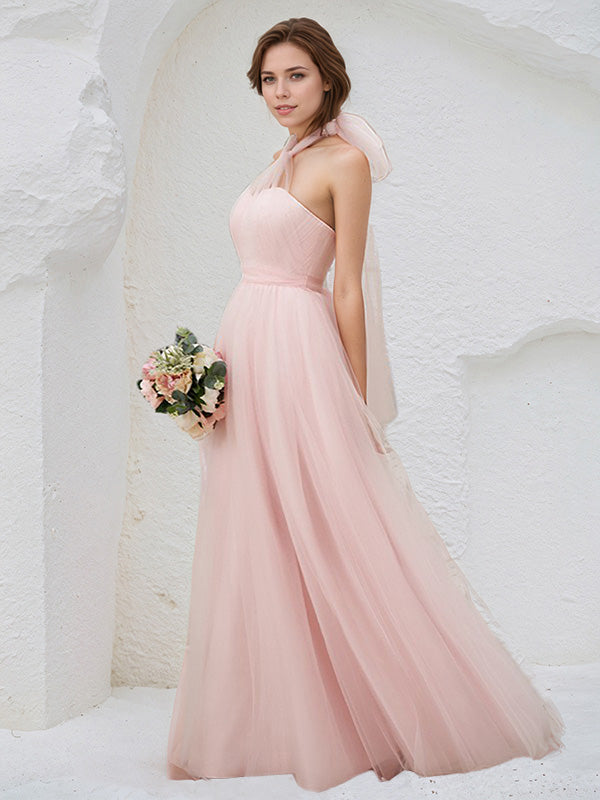 Pink Tulle A-Line Halter Neck Sleeveless Floor-Length Bridesmaid Dress - View 3 | FashionDia