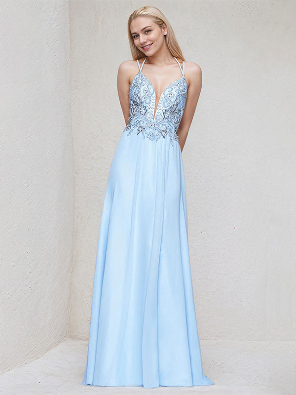 Sky Blue Satin Spaghetti Straps Sleeveless Floor-Length Bridesmaid Dress With Beadings - View 3 | FashionDia