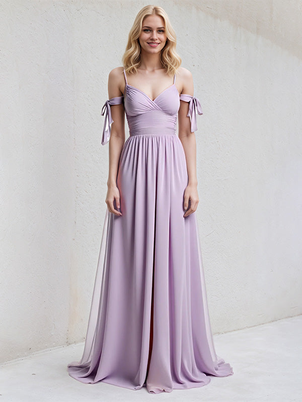 Lilac A-Line Chiffon Spaghetti Straps Sleeveless Floor-Length Dress With Bow - FashionDia