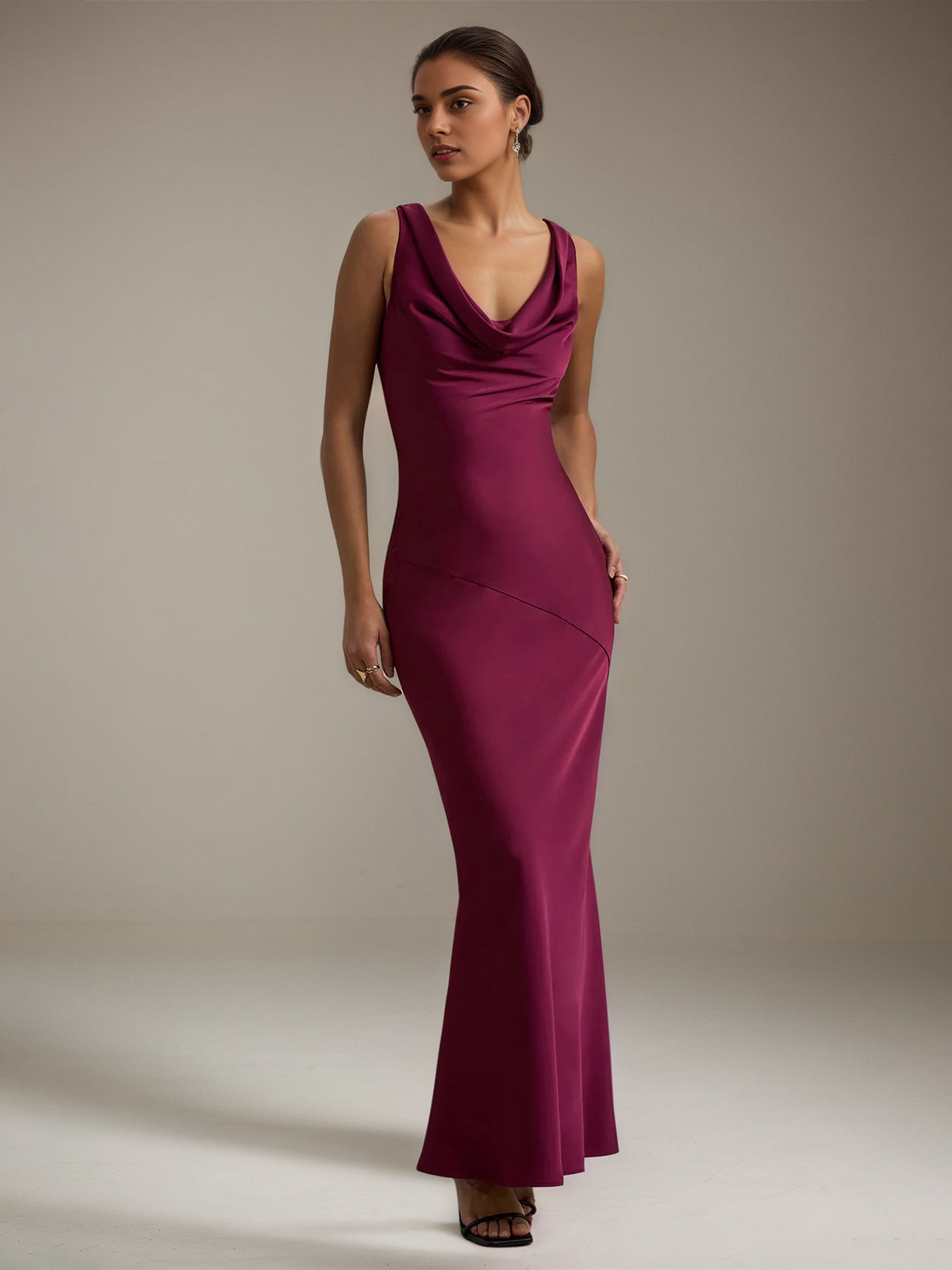 Burgundy Satin Sheath/Column Cowl Neck Sleeveless Floor Length Dress