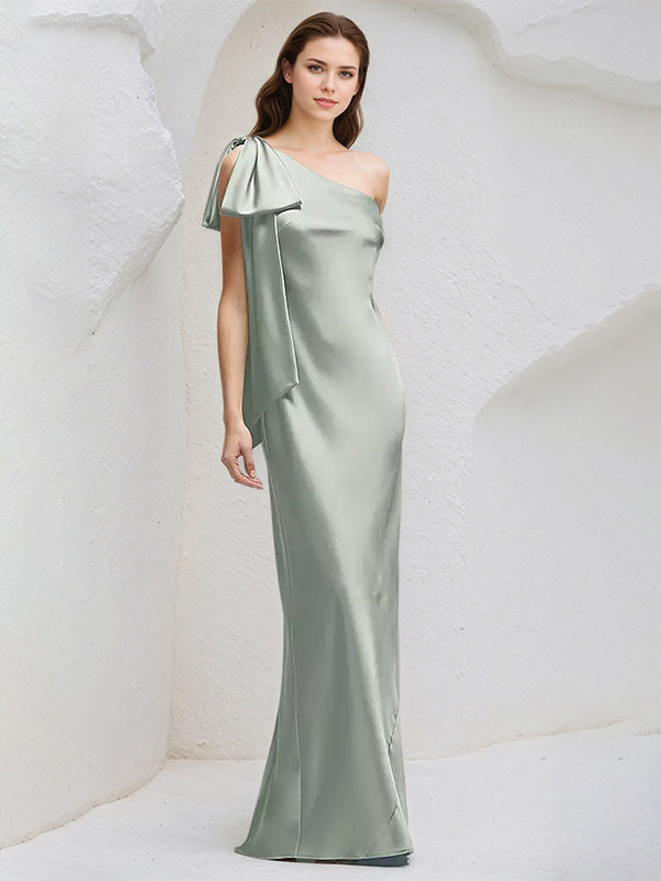 Sheath/Column One Shoulder Sleeveless FloorLength Chiffon Bridesmaid Dresses With Bow