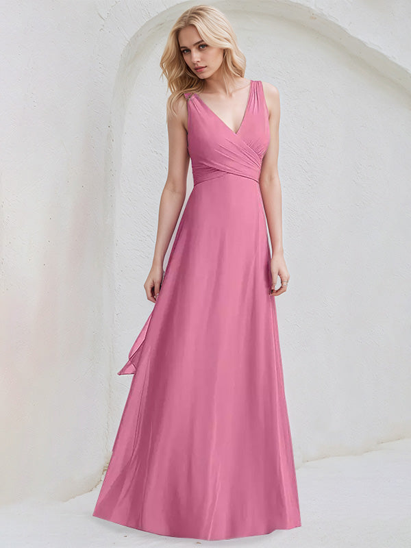 Orchid Pink Chiffon A Line V Neck Sleeveless Floor Length Bridesmaid Dress