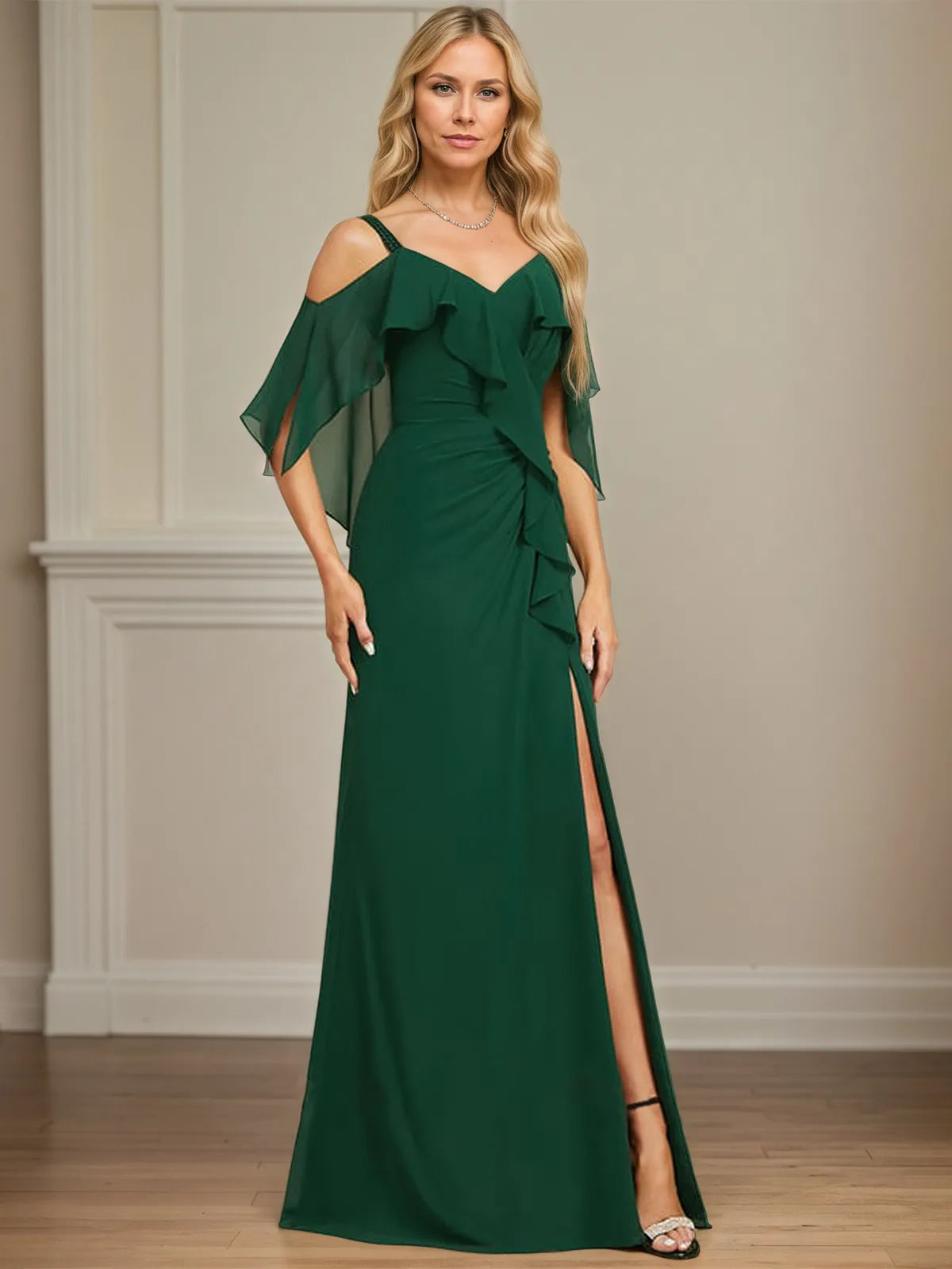 Sheath/Column Cold Shoulder V-Neck Floor-Length Chiffon Dress With Cascading Ruffles Sequins Beading - FashionDia