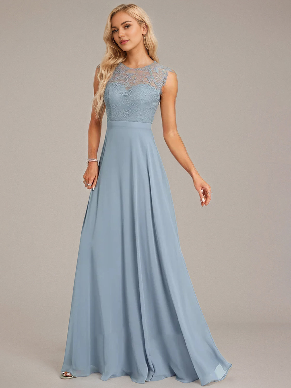 Dusty Blue A-Line Scoop Floor-Length Lace Chiffon Bridesmaid Dress