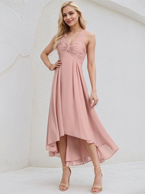 Dusty Rose Chiffon A Line V Neck Sleeveless Asymmetrical Bridesmaid Dress