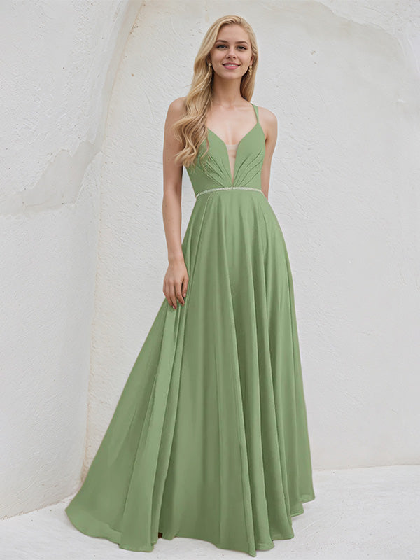 Basil A-Line V-Neck Floor-Length Chiffon Bridesmaid Dress With Beading