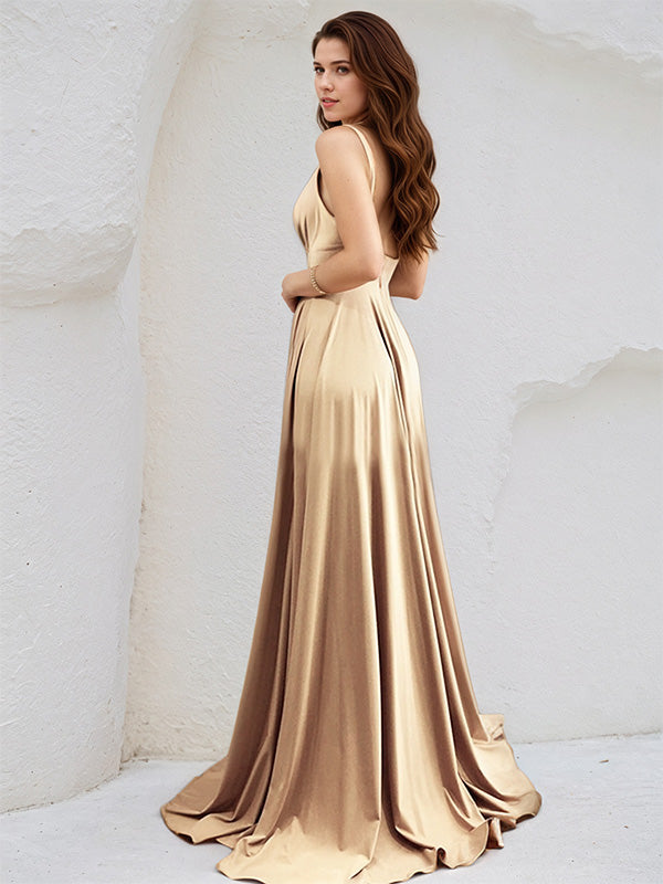 Champagne Satin A Line V Neck Sleeveless Floor Length Bridesmaid Dress