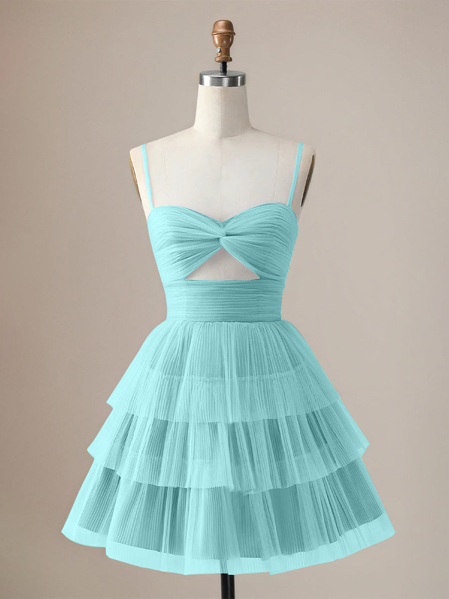 A-Line Spaghetti Straps Short Tiered Homecoming Dress with Hollow Out - FashionDia