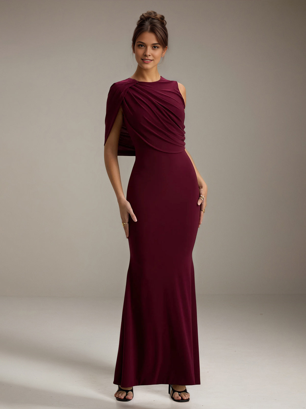 Burgundy Chiffon Sheath/Column Scoop Neck Sleeveless Floor Length Bridesmaid Dresses