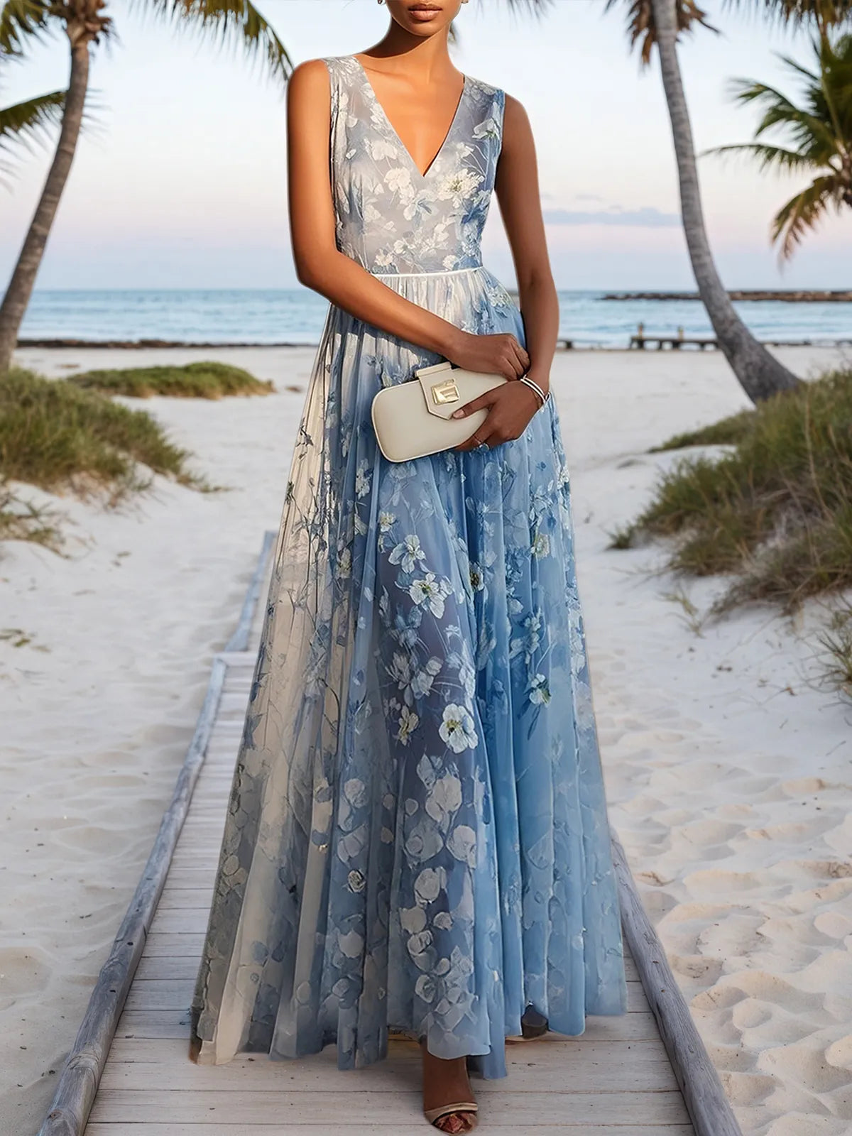 Light Blue Chiffon V-Neck Sleeveless A-Line Maxi Dress - FashionDia