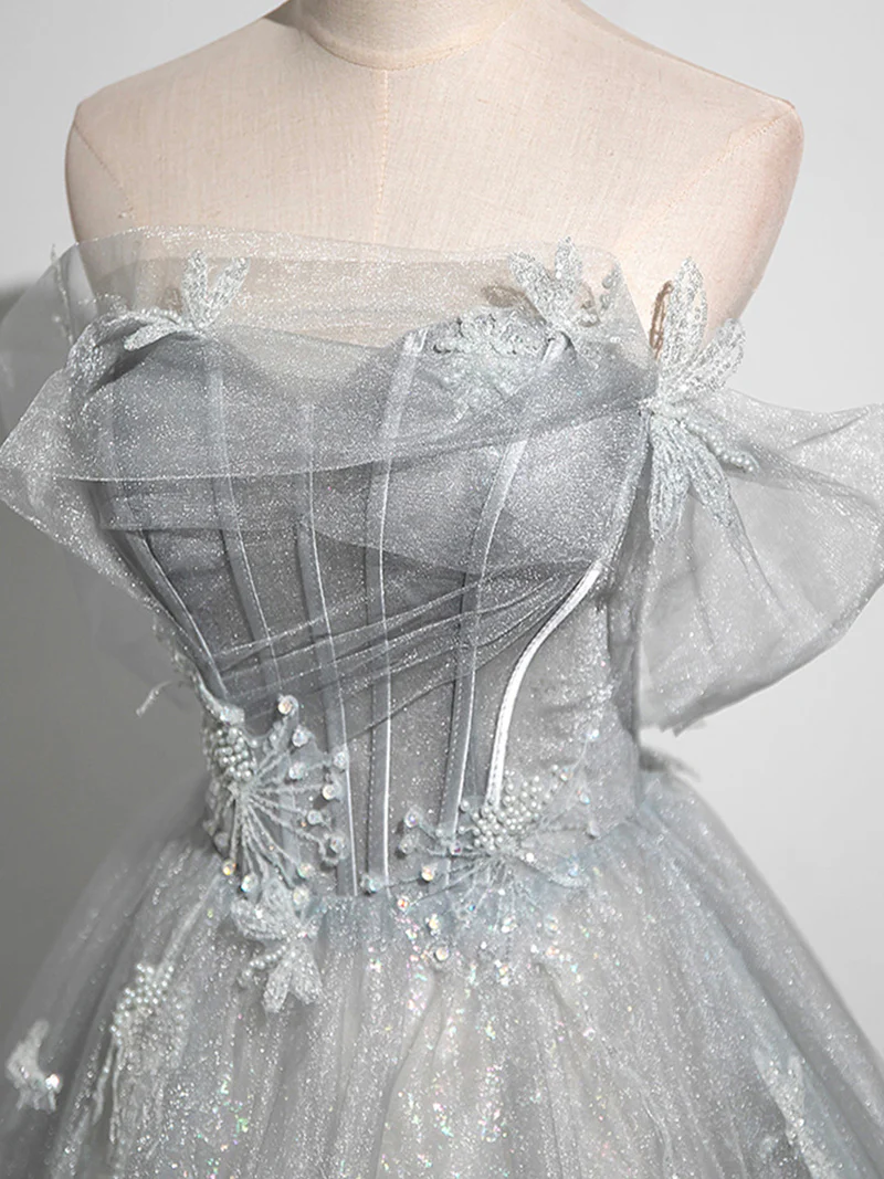 Gray A-Line Off-the-Shoulder Tulle Prom Dress, Lovely Corset Floor-Length Party Dress - View 4 | FashionDia