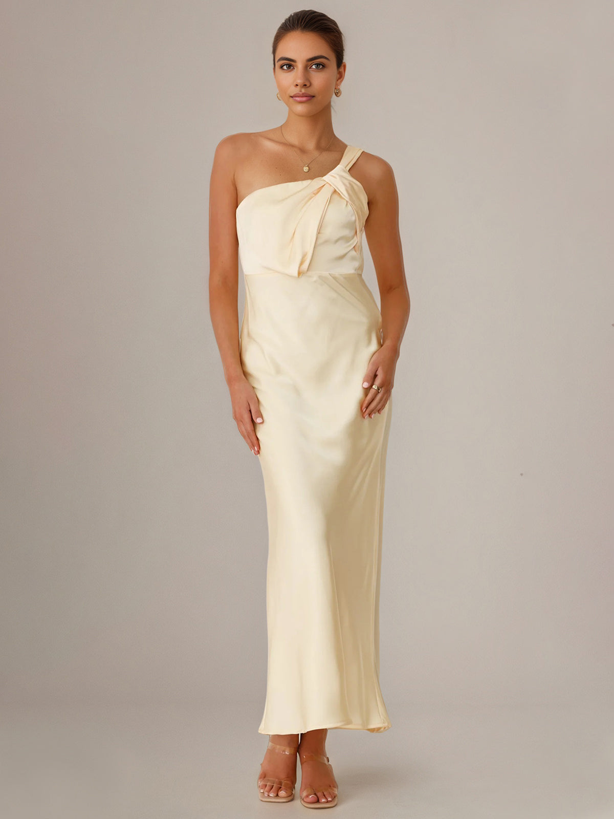 Yellow Satin Sheath/Column One-Shoulder Ankle Length Bridesmaid Dresses - FashionDia
