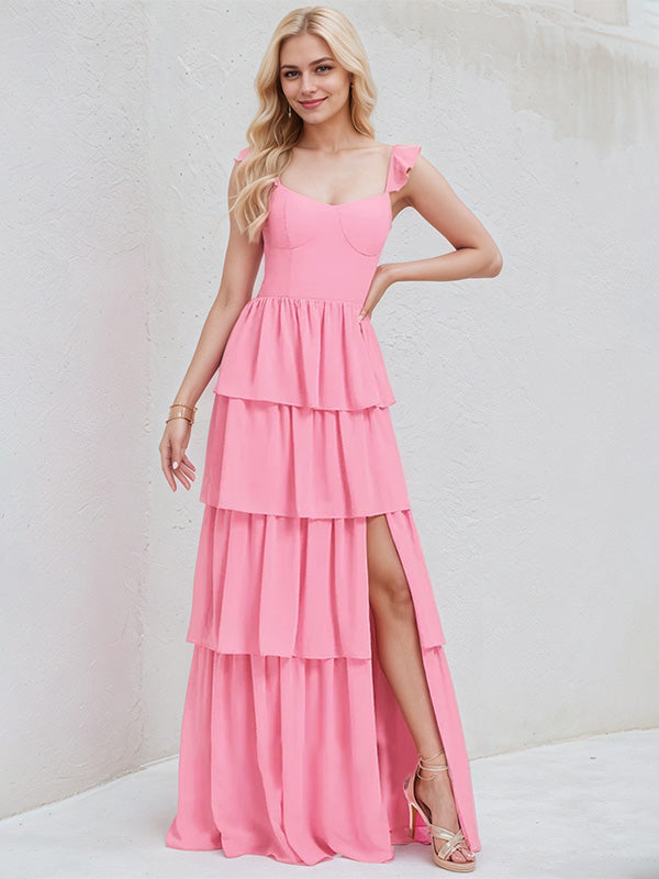 Pink Chiffon A Line V Neck Sleeveless Ruched Floor Length Bridesmaid Dress