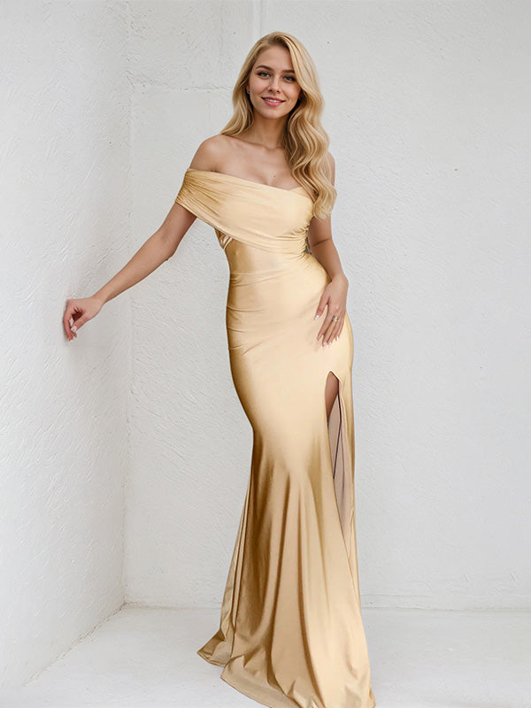 Champagne Satin Trumpet/Mermaid Off-the-Shoulder Floor-Length Bridesmaid Dress - View 2 | FashionDia