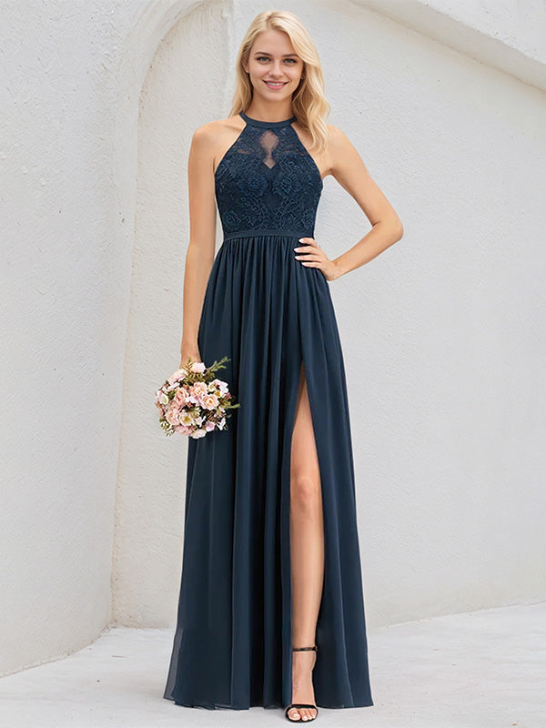 Dark Navy Chiffon A Line Halter Neck Sleeveless Floor Length Bridesmaid Dress