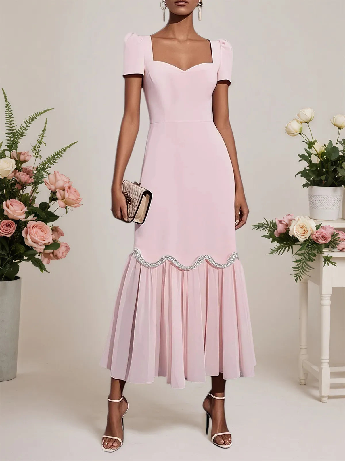 Pink Rhinestone Classic Sweetheart Neckline Short Sleeve A-Line Maxi Dress - FashionDia