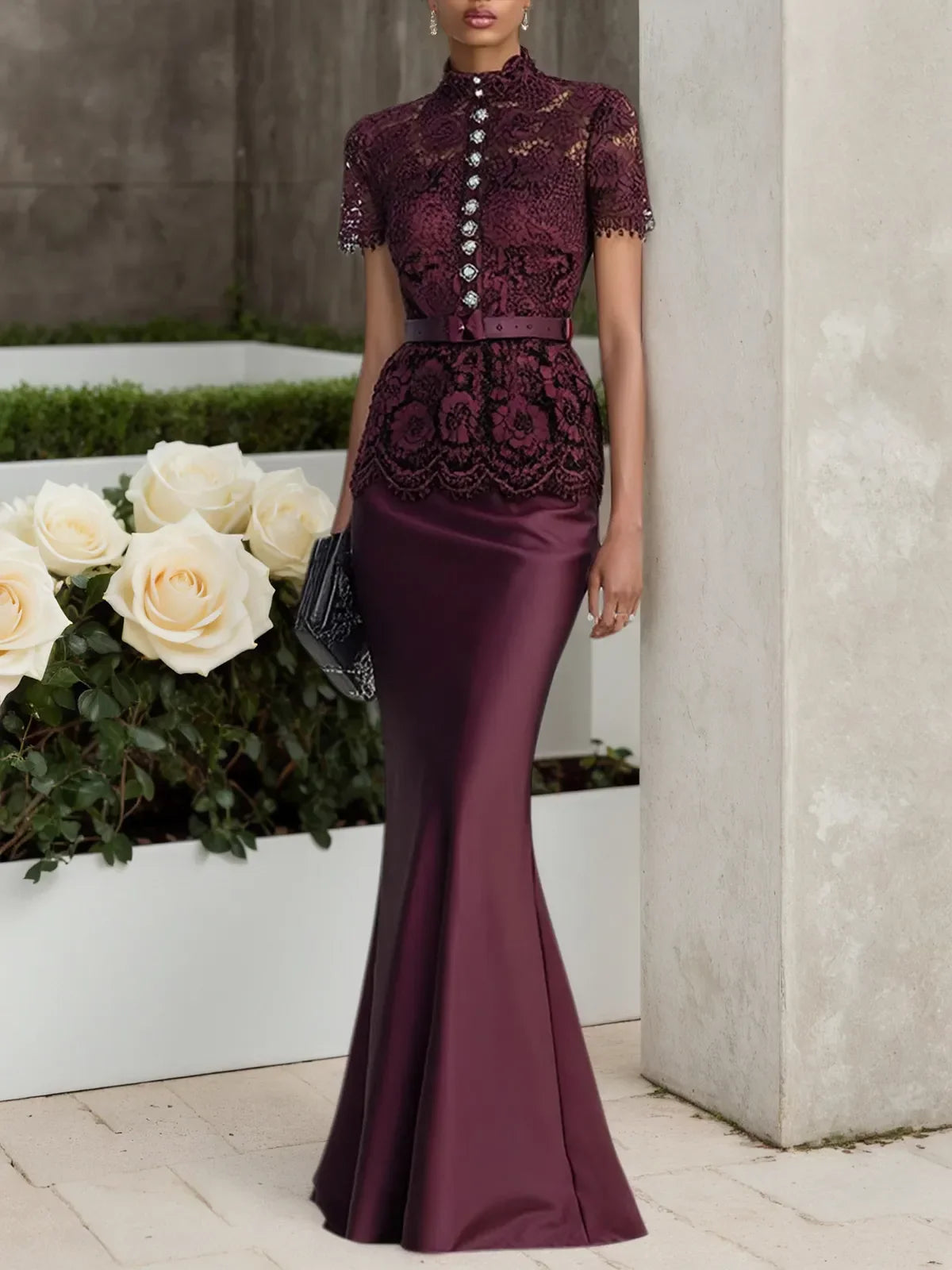Wine Red Buckle Lace Classic Mock Neck Short Sleeve Mermaid Maxi Dress