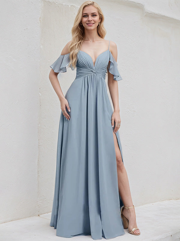 Dusty Blue Chiffon A-Line Spaghetti Straps Floor-Length Bridesmaid Dress With Ruffle - View 3 | FashionDia