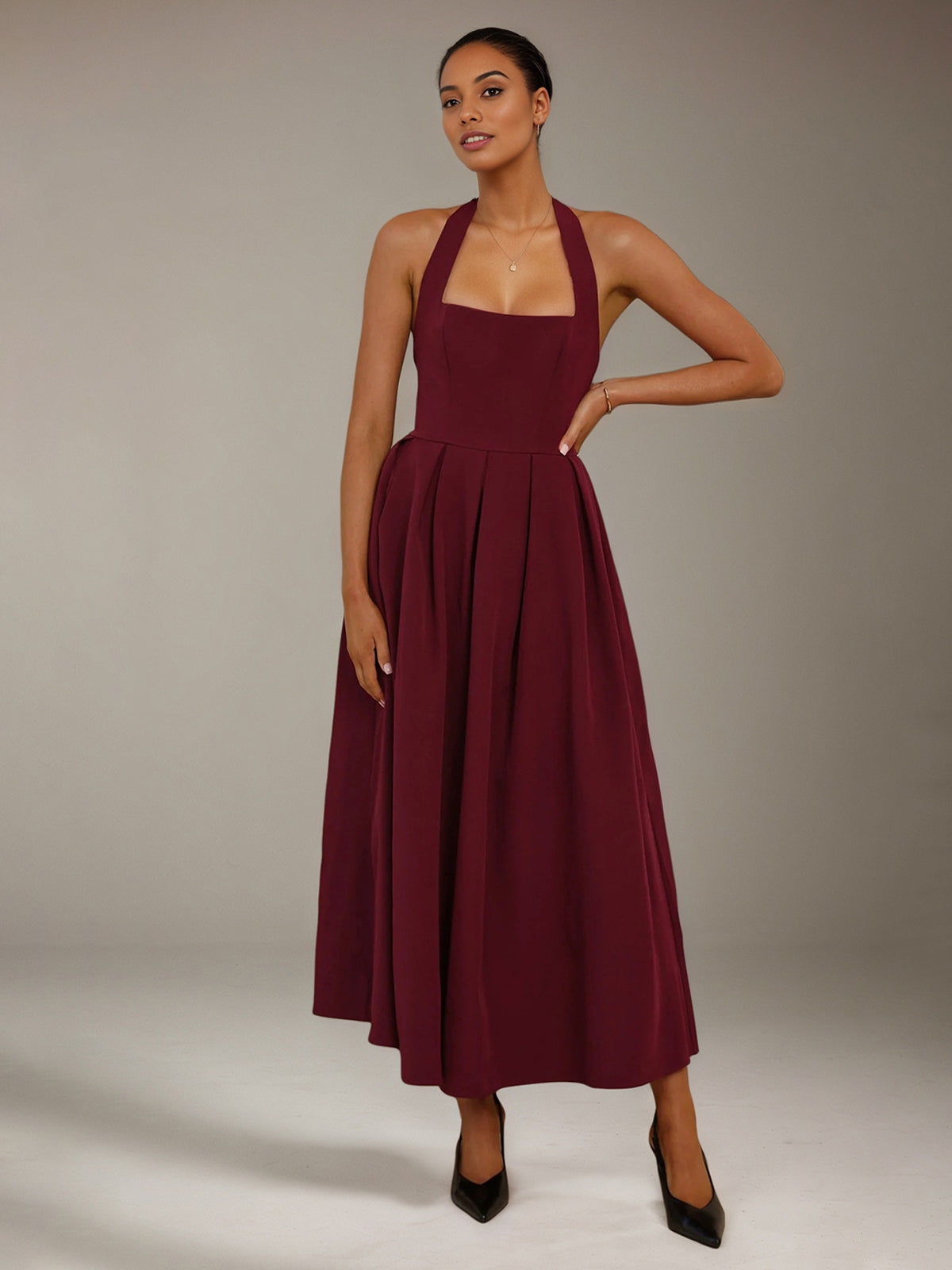 Wine Stretch Crepe A Line Halter Neck Sleeveless Ankle Length Bridesmaid Dresses
