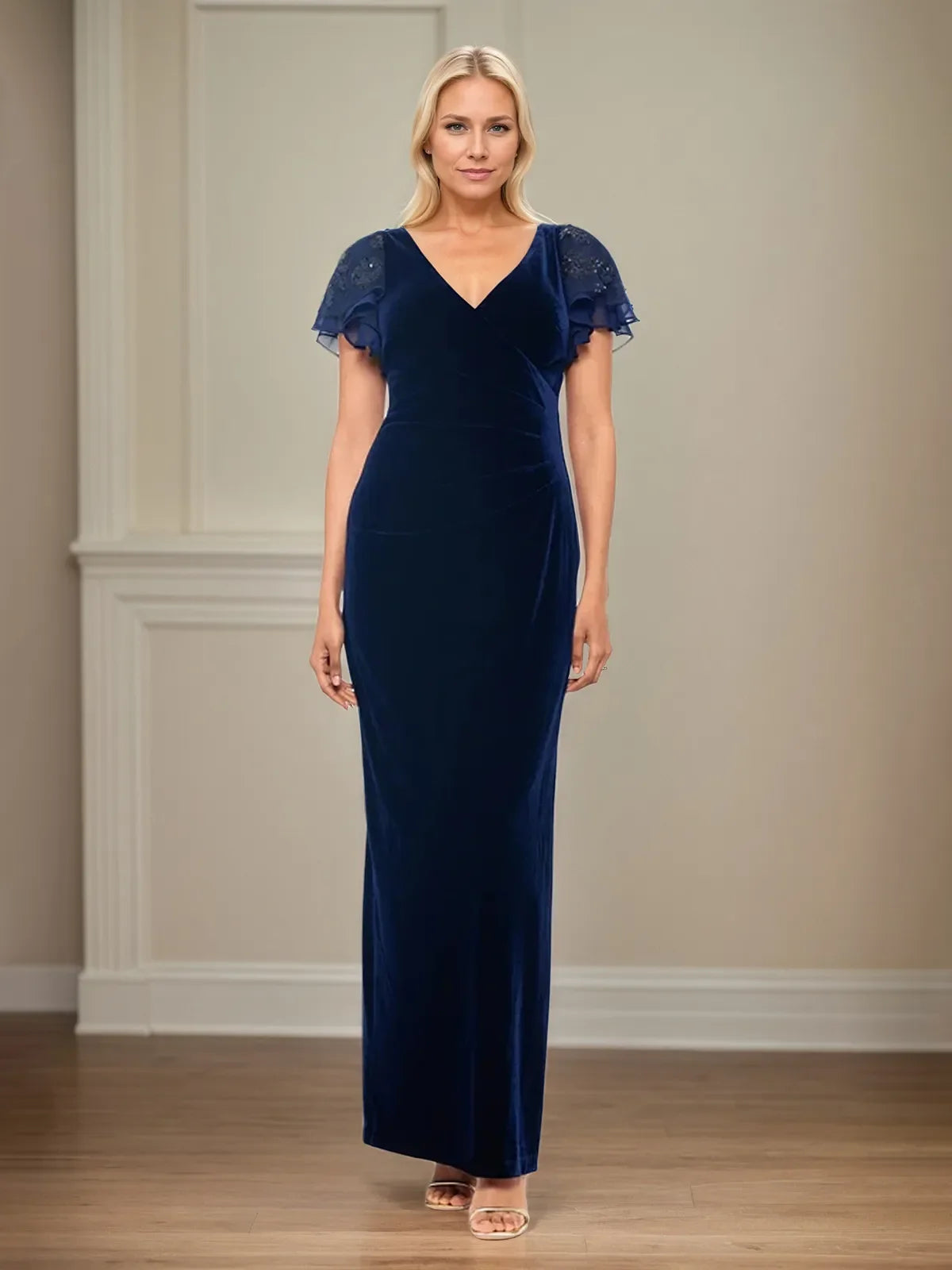 Sheath/Column Velvet V Neck Short Sleeve Floor Length Dress With Ruffles