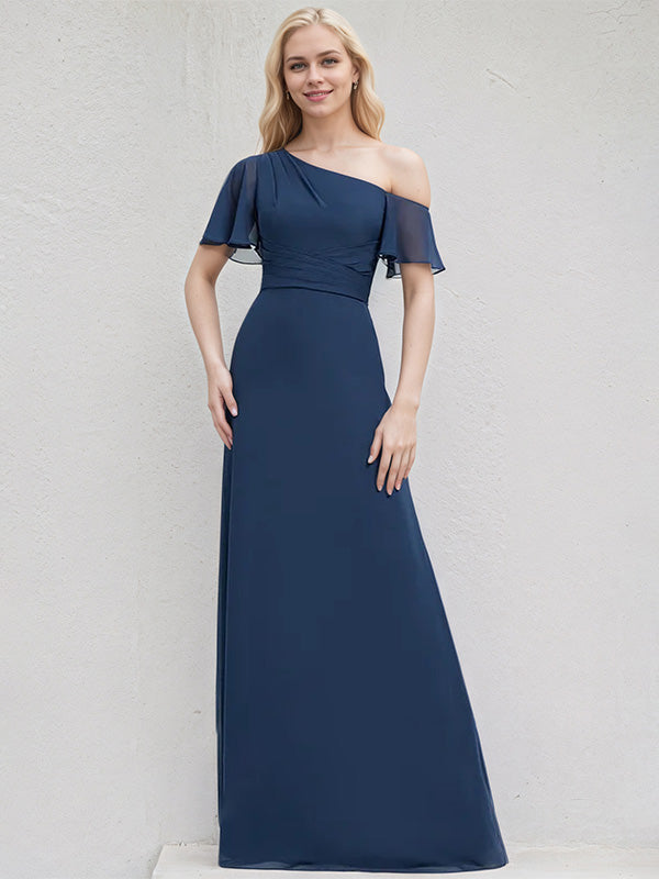 Navy Blue Chiffon A Line One Shoulder Short Sleeves Floor Length Bridesmaid Dress