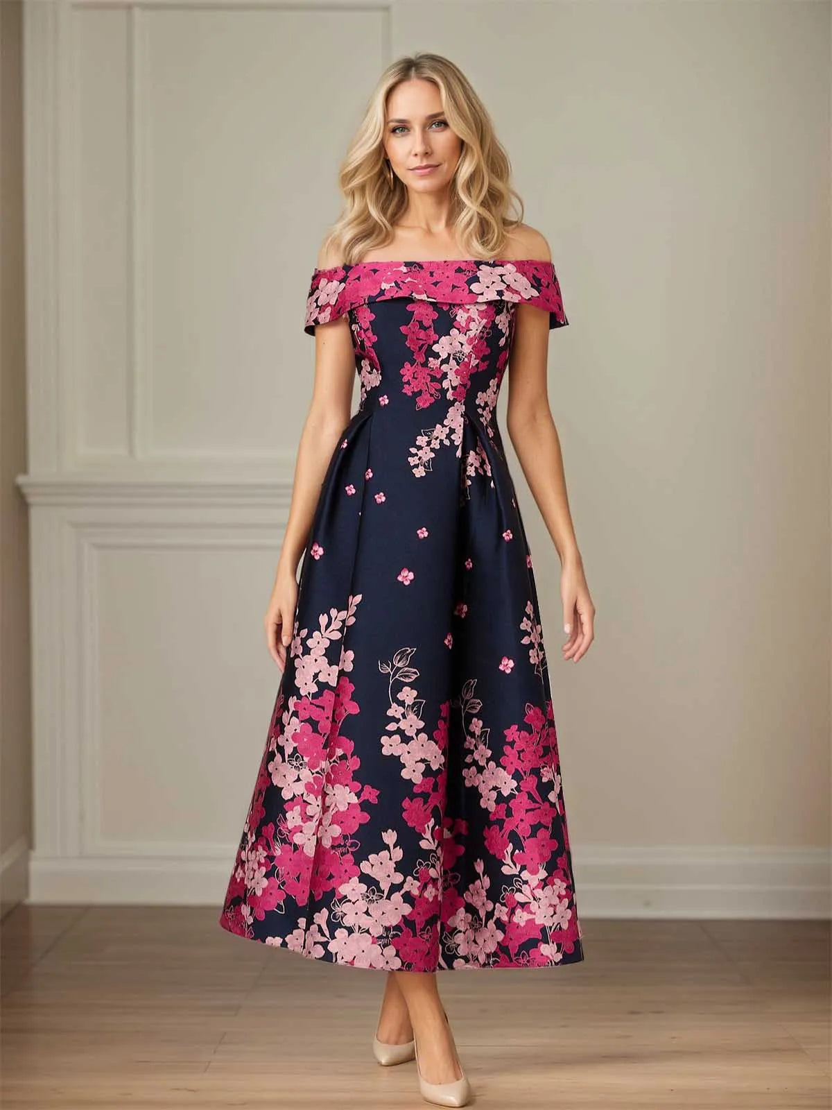 A-Line Off-the-Shoulder Ankle Length Satin Floral Mother of the Bride Dress - FashionDia