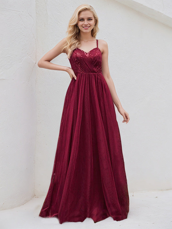 Burgundy Tulle A Line Spaghetti Straps Sleeveless Floor Length Bridesmaid Dress