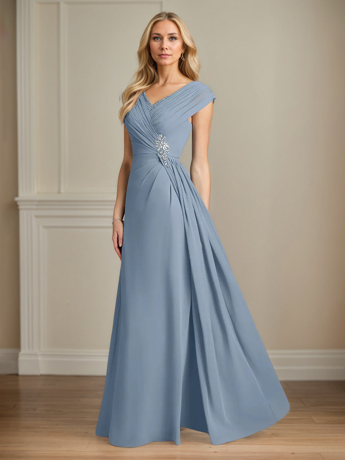 A-Line Chiffon V-Neck Cap Sleeves Floor-Length Mother of the Bride Dresses - View 3 | FashionDia