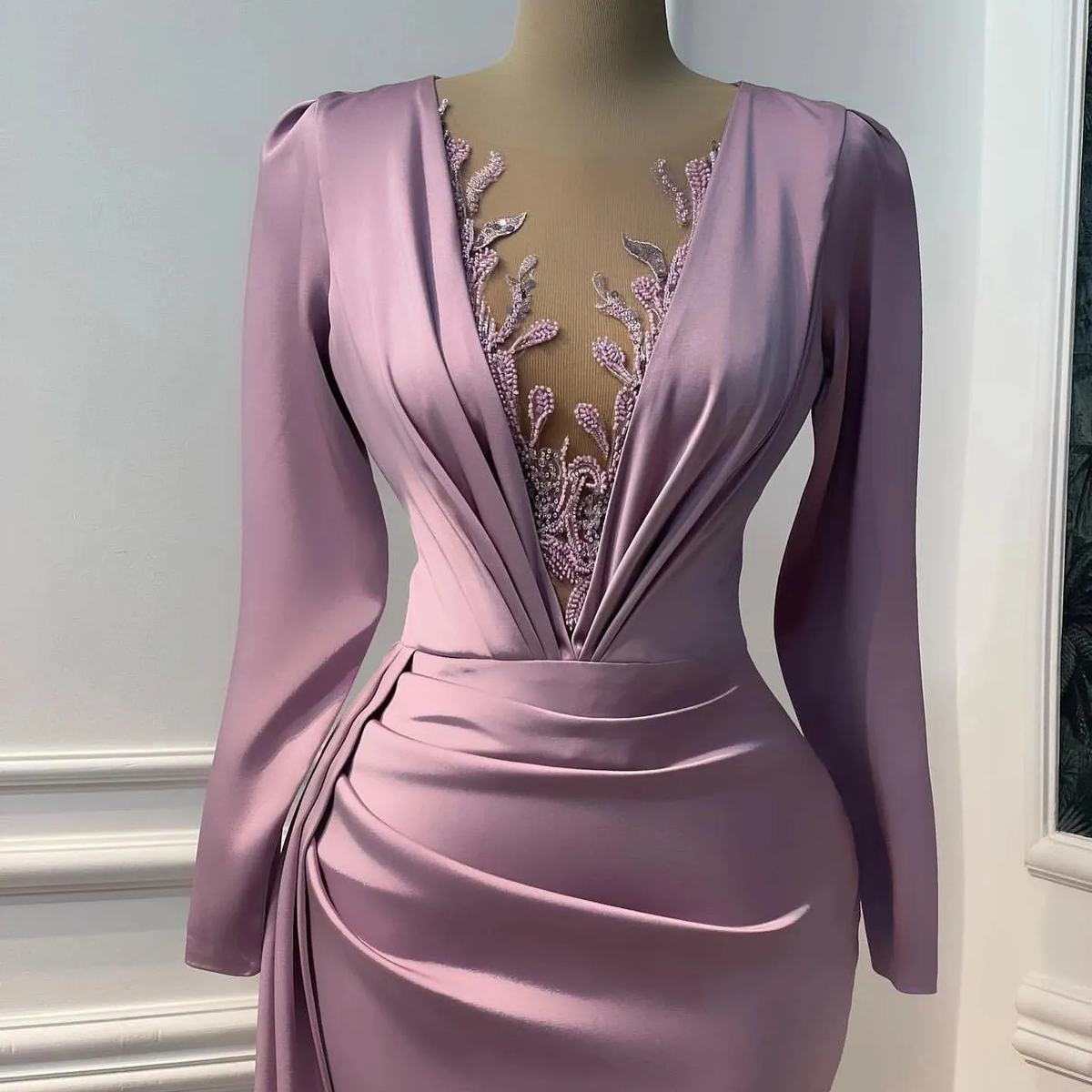 Vintage Prom Dresses Long Sleeve Illusion V-Neck Mermaid Evening Dress Floor-Length Saudi Arabia Cocktail Party Gowns - View 3 | FashionDia