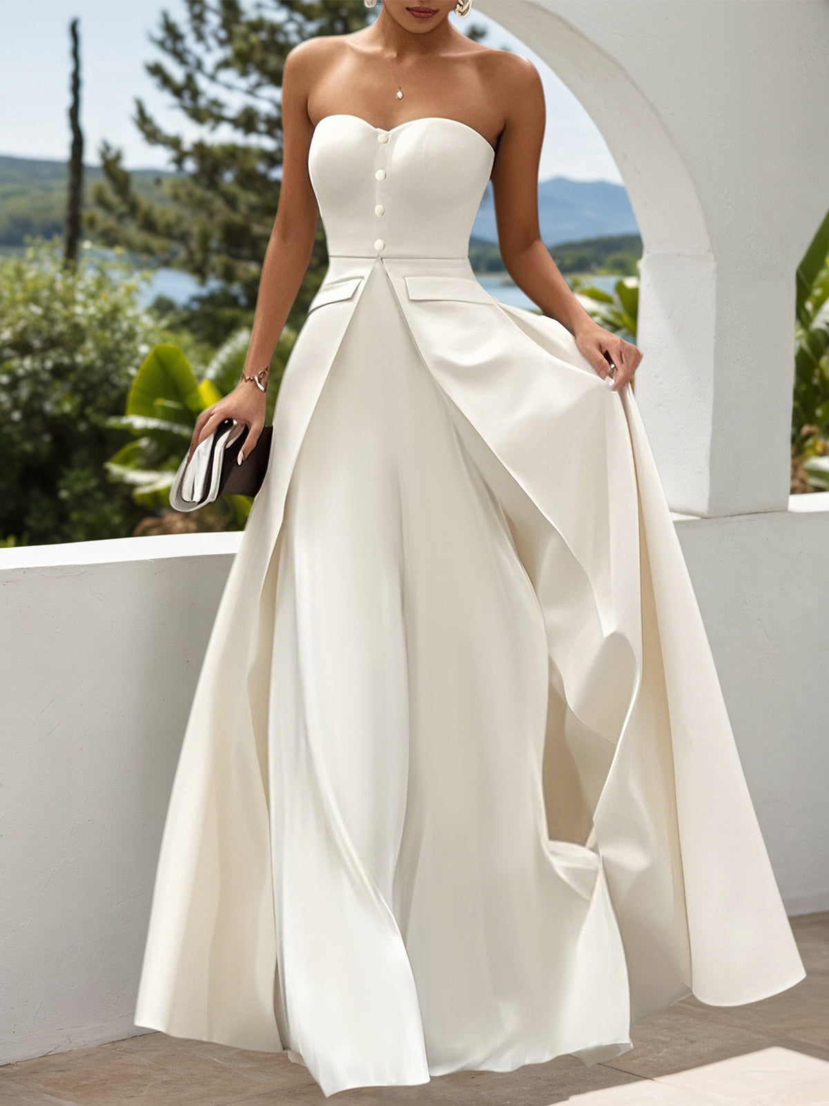 White Buckle Strapless Sleeveless Two-Piece Set - FashionDia