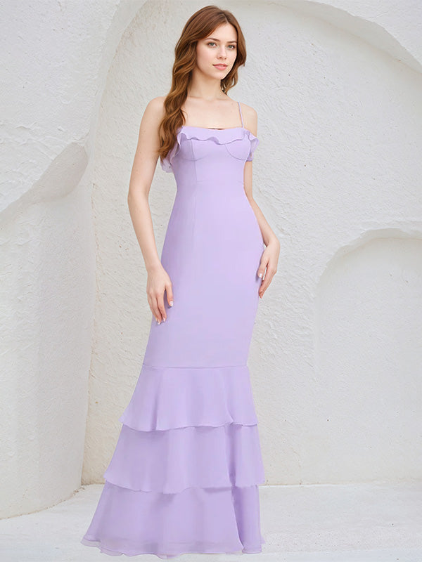 Lilac Chiffon Spaghetti Straps Sleeveless Floor-Length Bridesmaid Dress With Cascading Ruffles - View 3 | FashionDia