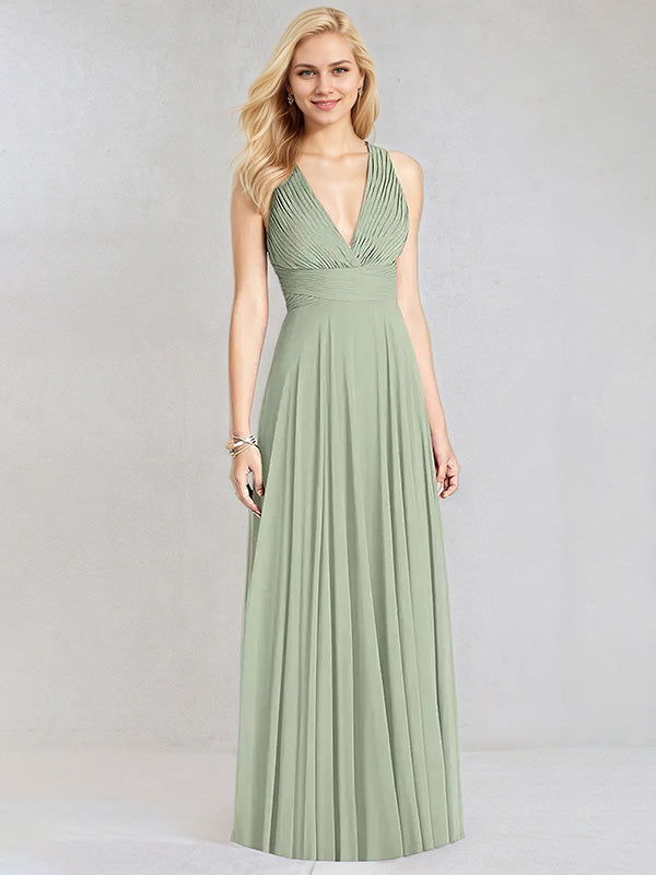 Sage Chiffon A Line V Neck Sleeveless Floor Length Bridesmaid Dress